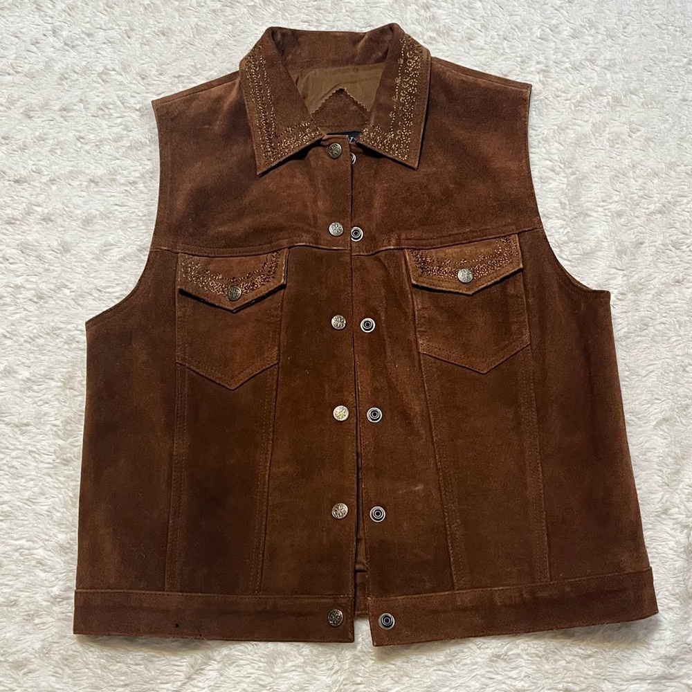 VINTAGE Brown Suede Button Snap AGAPO Vest with Embroidered Detail